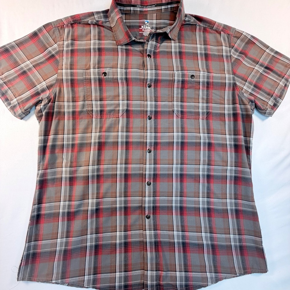 Kuhl Button Down Shirt Mens XL Grey Red Plaid Tapered Fit Short Sleeve 7222
